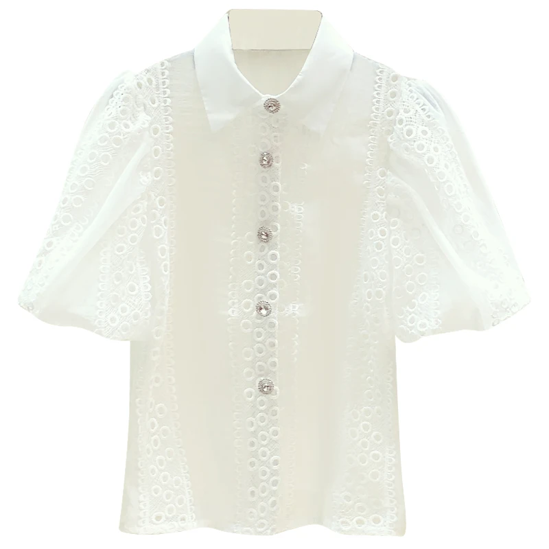 

Summer New Hollow Crocheted Lantern Short-Sleeved Shirts Women's Thin and All-Matching Office Lady Shirt Women Shirts Blouses
