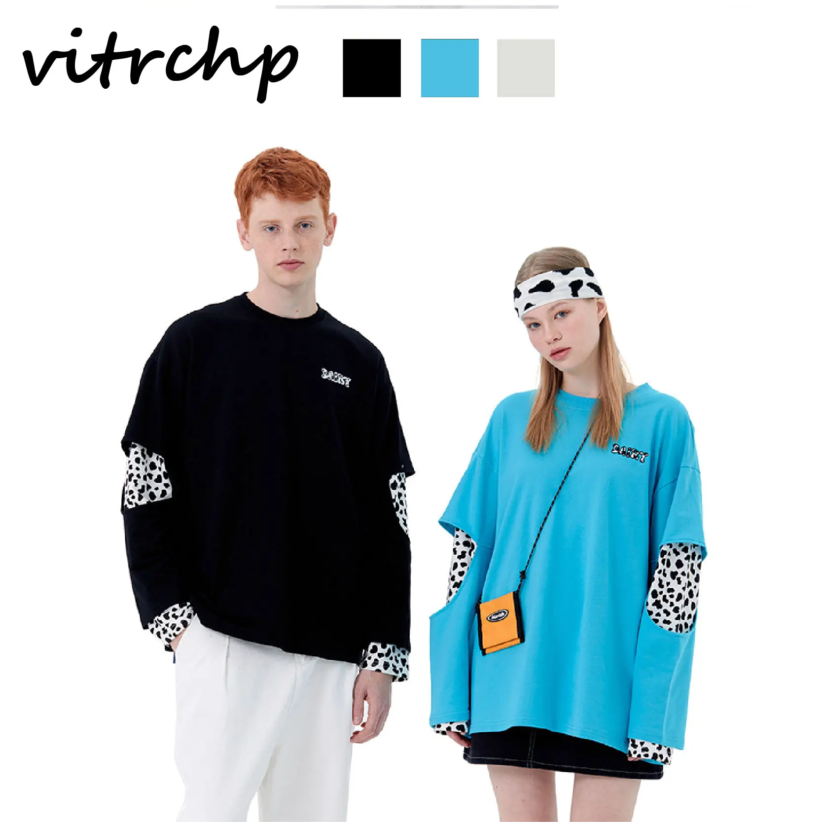 

2021 Spring New Couple Men and Women Fashion Fake Two Piece Round Neck Hip-Hop Trend Leopard Print Long-Sleeved T-Shirt