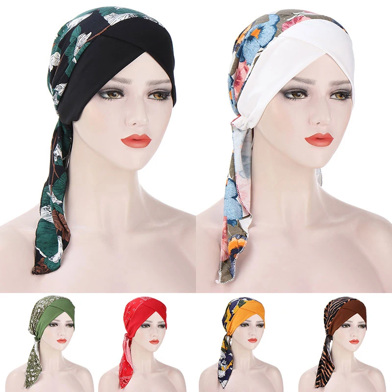 

Muslim Hijab Turban Cap Women Flower Print Long Tail Du-Rag Cancer Chemo Caps Head Scarf Headwear Strech Silky Durags Bandanas