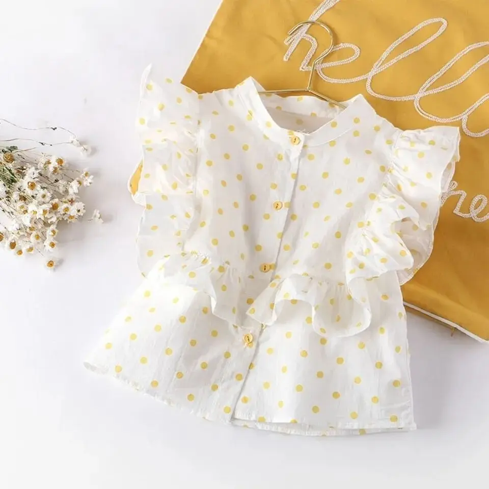 

0-6Y Girl Baby Shirt Summer Children Princess Polka Dot Top Baby Cotton Shirt Little Girl Short Sleeve Top