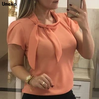 new summer women solid chiffon bow tie lace up short sleeve petal sleeves tops for women blouses office ladies casual elegant