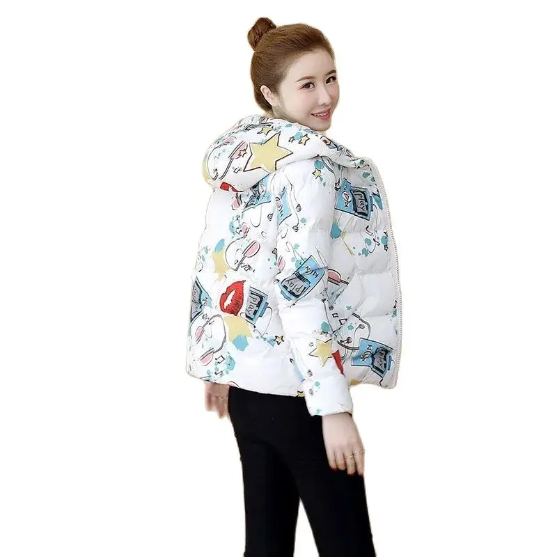 

Women's Cotton Coat 2022 New Winter Short Ladies Down Jacket Add Velvet Add Thick Printing Down Cotton Female Outerwear R1025