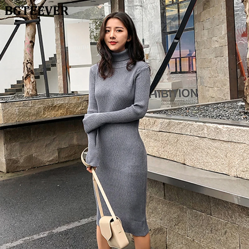 BGTEEVER Водолазка Осень-зима платье теплое трикотажное стрейч женское
