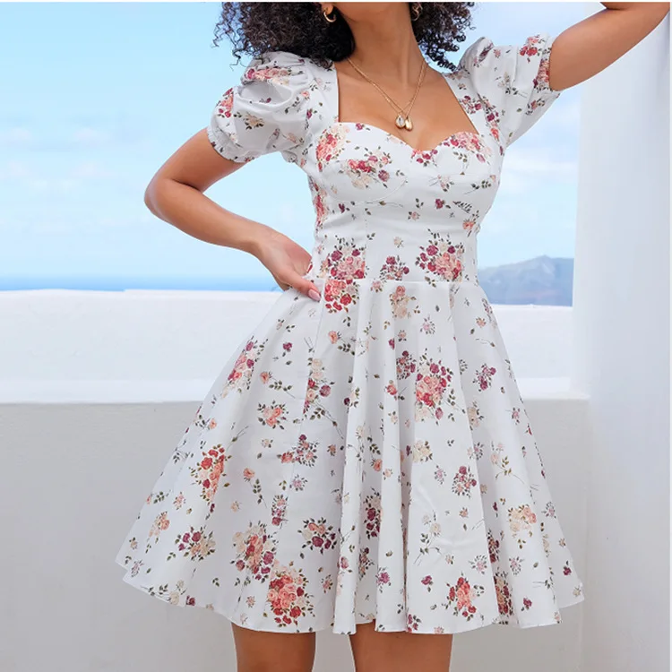 

Women Print Floral Mini Dress Square Collar Casual Short Sleeve Slim High Waist Korea Style Sweet Vestidos Backless Summer 2021