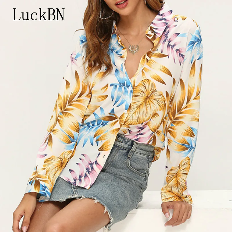

Женские топы и блузки 2019, модная блузка с длинным рукавом и цветочным принтом, Повседневная Свободная рубашка с отложным воротником, блузы, ...
