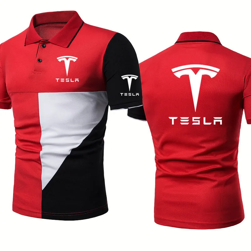 

Summer Fashion Casual Tesla car Logo Printing Men's polo shirt High Quality lapelNeck Splicing Cotton Men's short sleeve