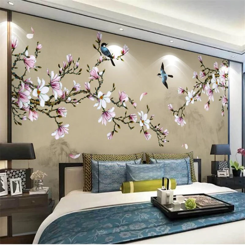 

wellyu Custom large-scale mural 3d wallpaper new Chinese style hand-painted magnolia flower bird green background wallpaper