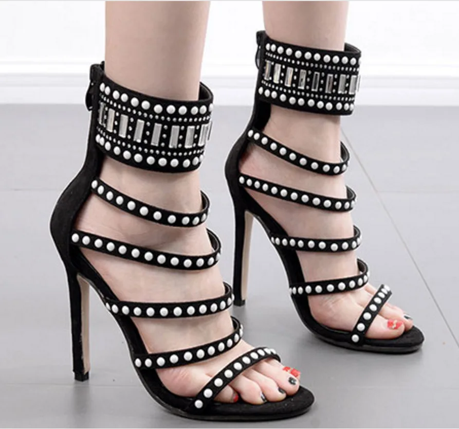 

Fashion Solid Crystal Summer Sandals Women Open Toe Gladiator Cover Heel Ladies Shoes Casual Zip Super High Thin Heels Sandals