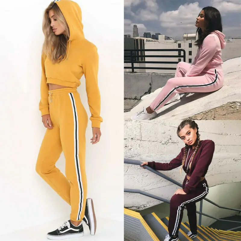 

Женский спортивный костюм, комплект из 2 предметов, укороченный топ с капюшоном и штаны с полосками по бокам, Осенний