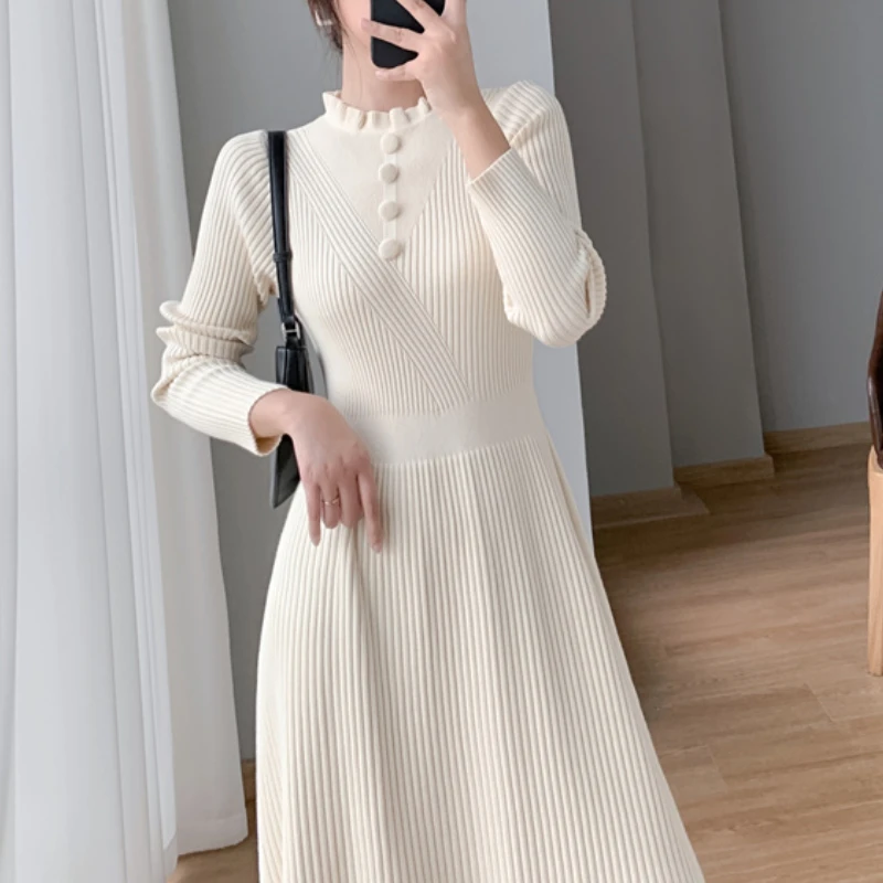 Осенне-зимнее Элегантное Белое Облегающее Платье с круглым вырезом и длинным