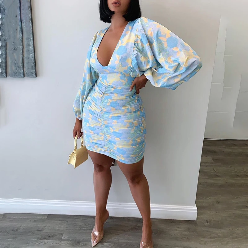 

Elegant Fashion Women Slim Fit Sexy Plunge Bodycon Mini Dress Female Puff Sleeve Floral Bodycon Party Dress