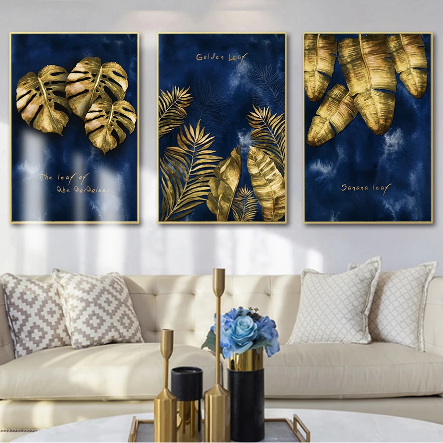 

Luxury Wall Art Golden Leaf Wall Art Prints Canvas Paintings Blue Posters Decorative Wall Art Prints Living Room Home Decor