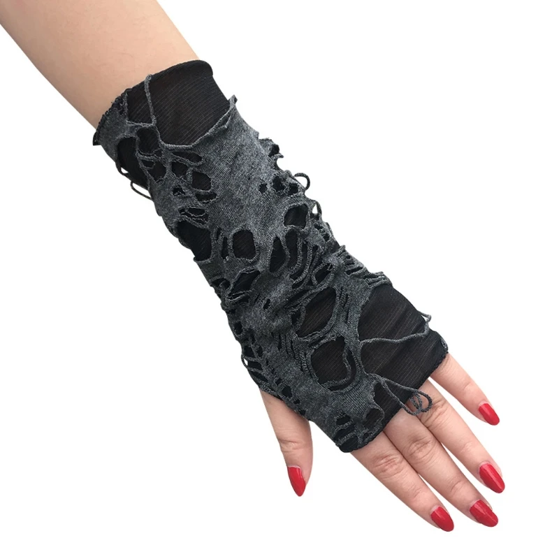 

Gothic Punk Rock Black Fingerless Gloves Hollow Out Distressed Halloween Mittens