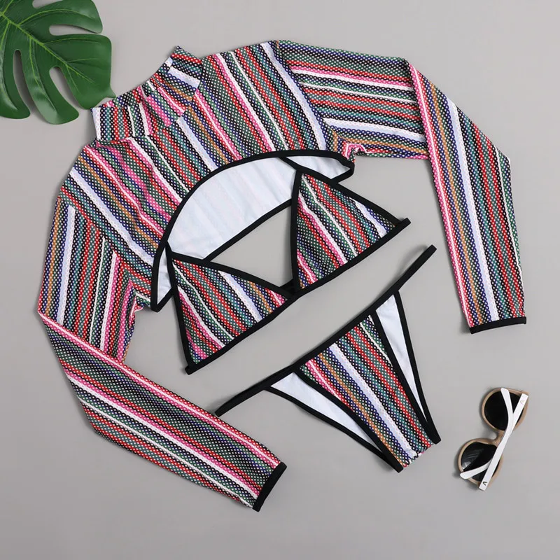 

Bikini 2021 3 piece swimsuit women sexy Rainbow Stripe rainbow gradient printing long sleeve sunscreen Suit Swimsuit beach suit
