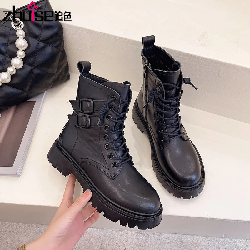 

Ботинки мартинсы из воловьей кожи для женщин, новинка осень-зима 2021, черные кожаные ботинки в британском стиле с круглым носком и боковой мо...