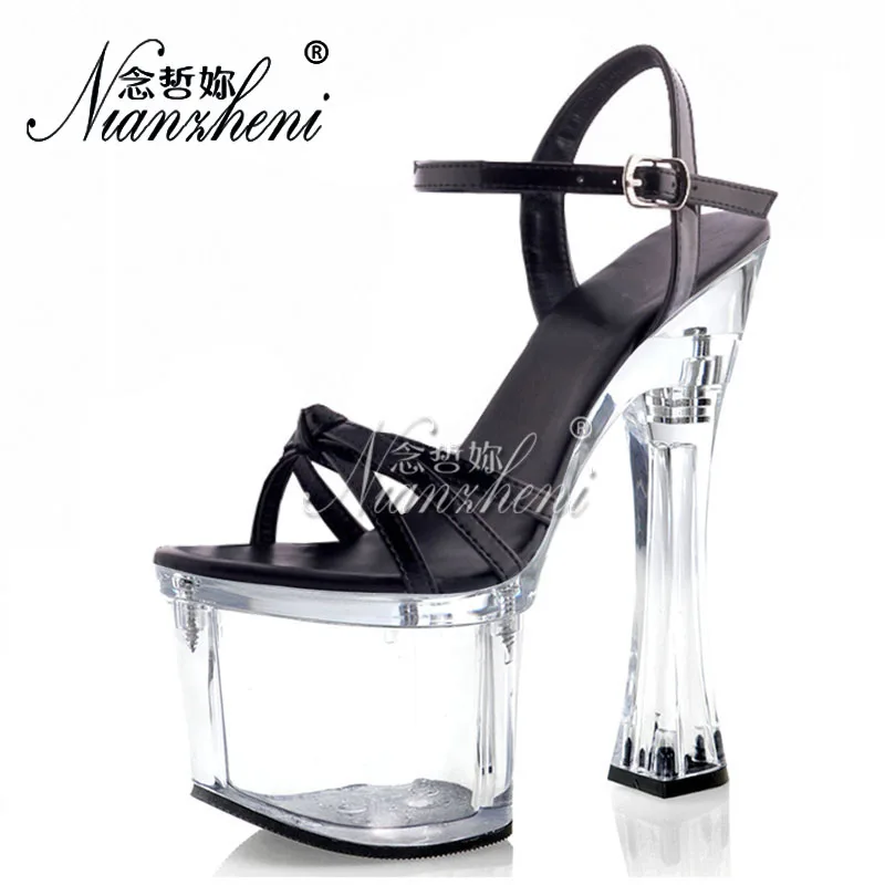 

Narrow band Roman Patent leather Thick platform 18cm Super High heeled shoes 7 inches Open Toe Big Size Women Sandals Spool heel