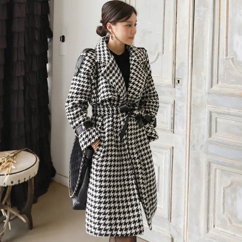 

Winter Long Apperal Women's Notched Loose Casual Plaid Outerwear Sashes Office OL Wool Blend Coat