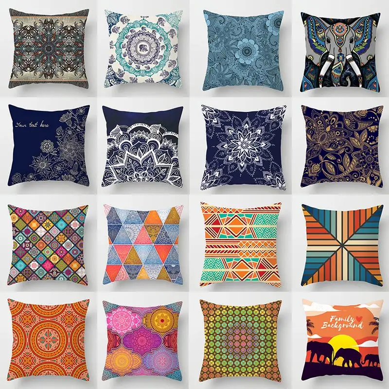 

Pillow Cushion Covers Peach Skin Pillowcase Mandala Ethenic Prints Decorative Throw Pillows Cover for Sofa Decor Home 45*45cm/pc