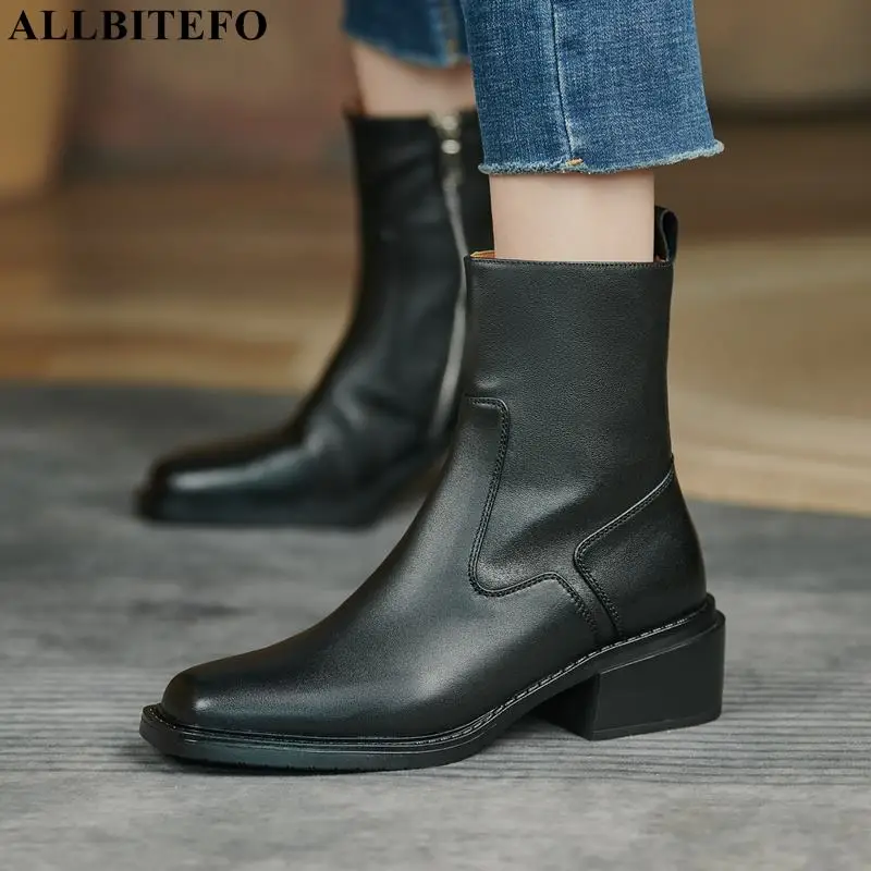 

ALLBITEFO Simple Design Square toe Soft Genuine Leather Ankle Boots Shoes Fashion Sexy Girls High Heel Women Boots