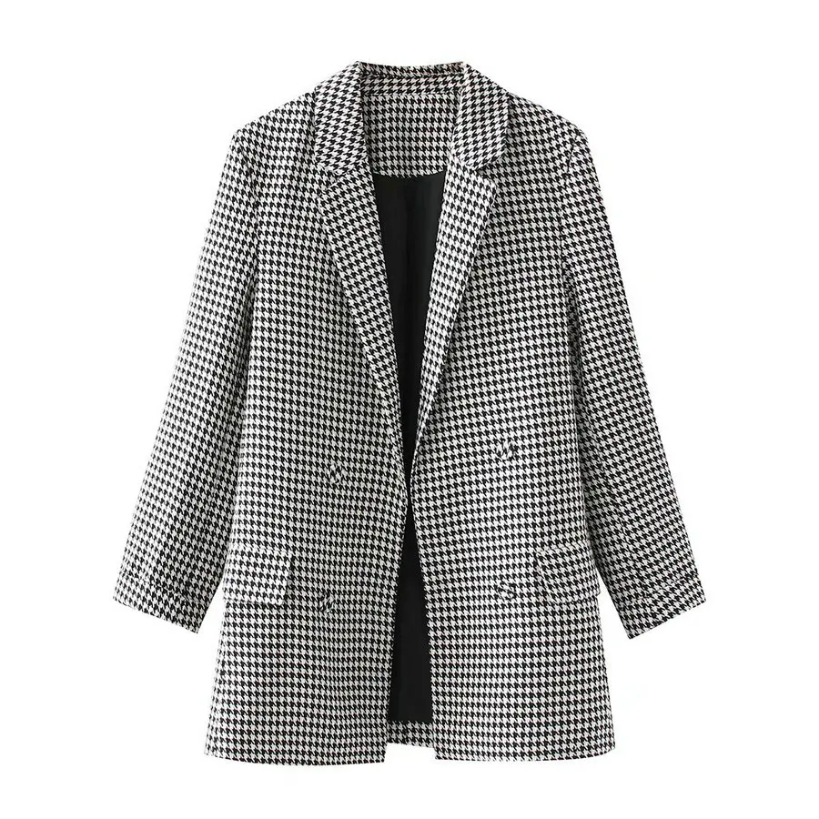 

Women Black White Houndstooth Blazer Spring Autumn Smart Casual Notched Collar Double-Breasted Jacket Suit Leisure Outerwear New