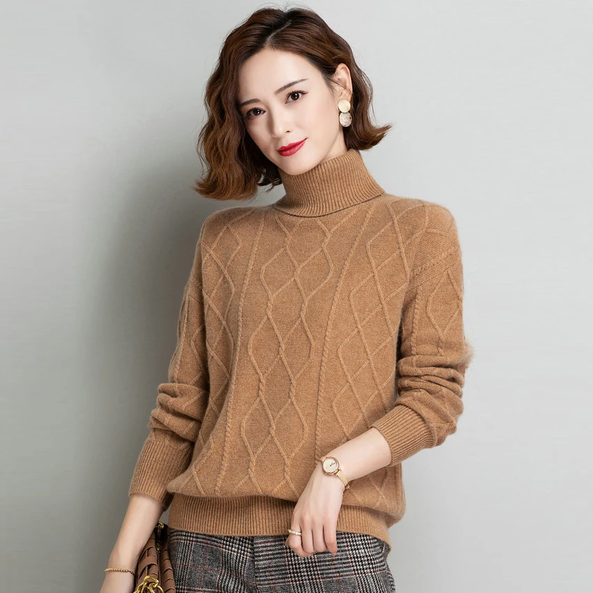 

Winter Cashmere Argyle Sweater Women Turrle Neck Sculptured Knitwear Lady Camel Pink Sheep Wool Tricot Kitting Top Jumper Mujer