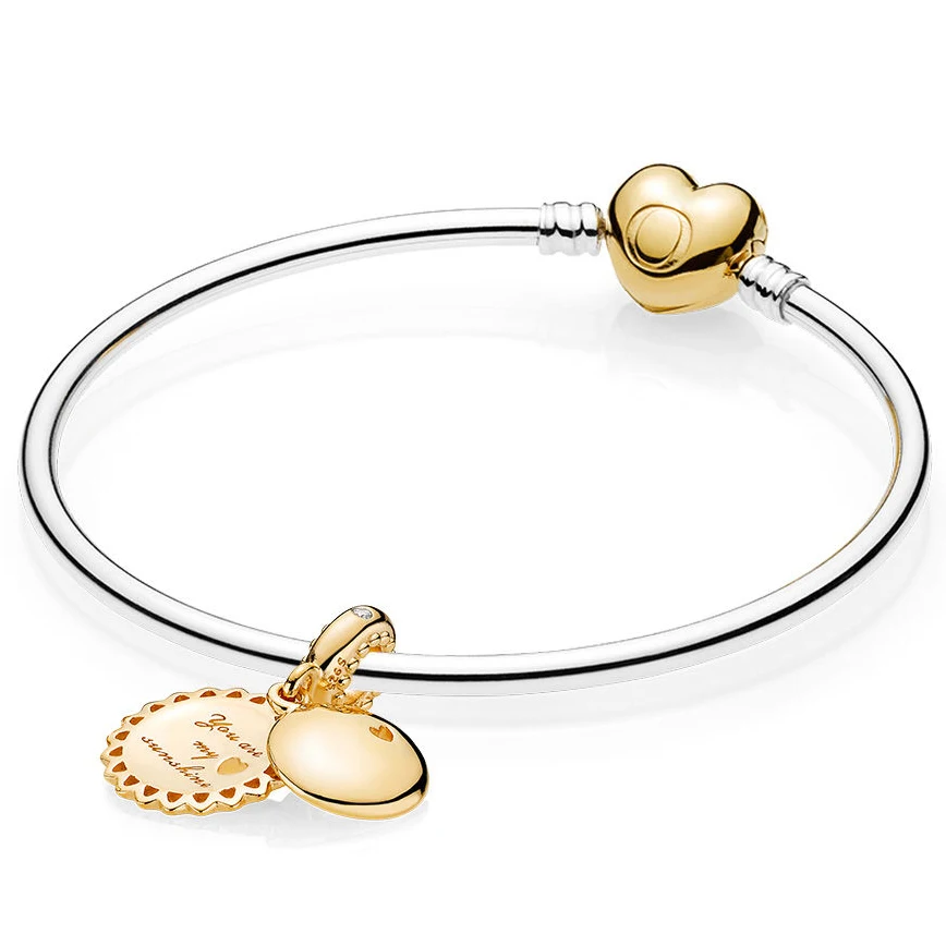 

NEW 100% 925 Sterling Silver New 1:1 Elegant Sweet Love Heart Golden Pendant Bangle Set