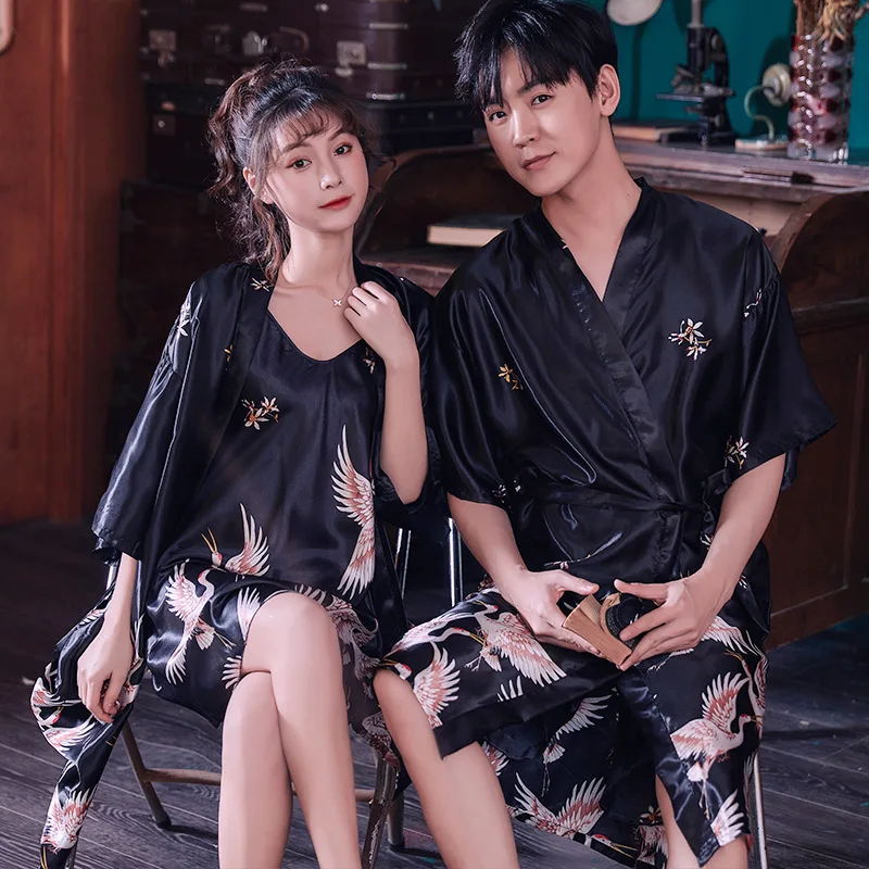 

Lovers Silk Robe Gown Set Sexy 2 Pieces Lounge Set Satin Print Flower Sleepwear Robe Ladies Nightwear Solid Nightdress