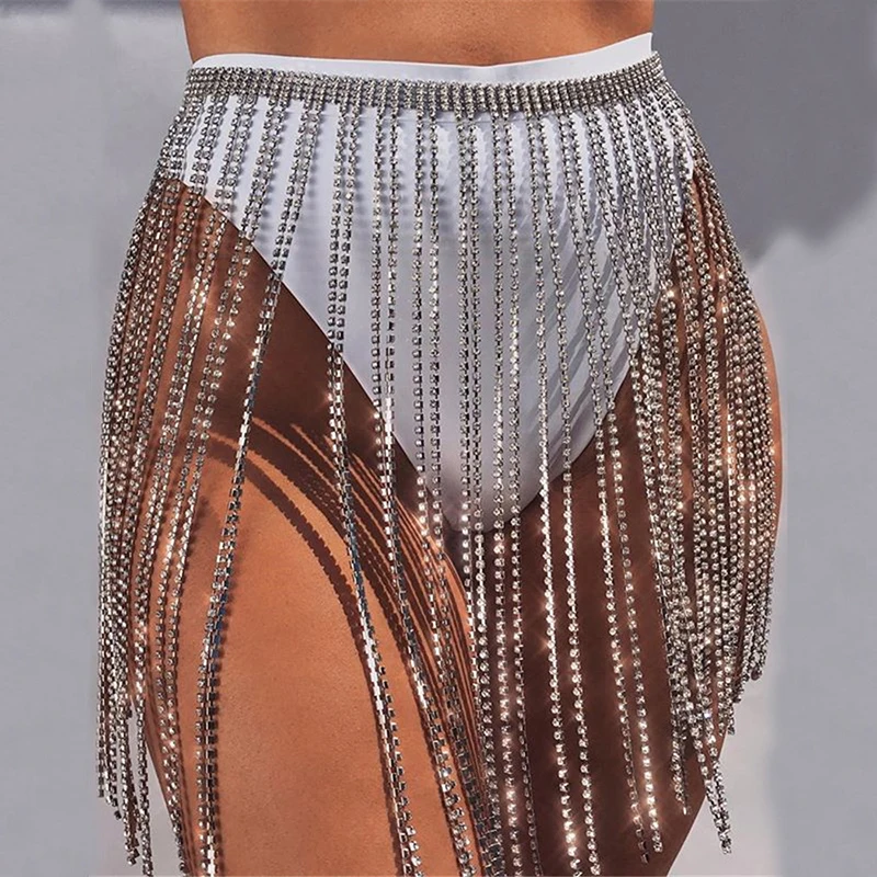 

Glitter Rhinestone Long Tassel Jewel Skirts Crystal Diamonds Fringe Adjustable Sexy Women Summer Beach Bikini Mini Skirt