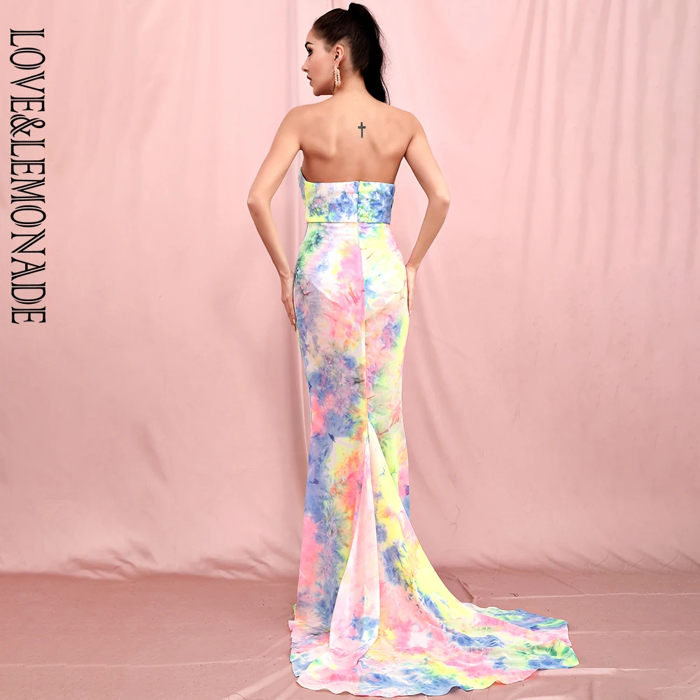 

LOVE & LEMONADE Sexy Deep V-Neck Cross Whit Split Color Tie-Dye Chiffon Party Summer Maxi Dress LM81352B