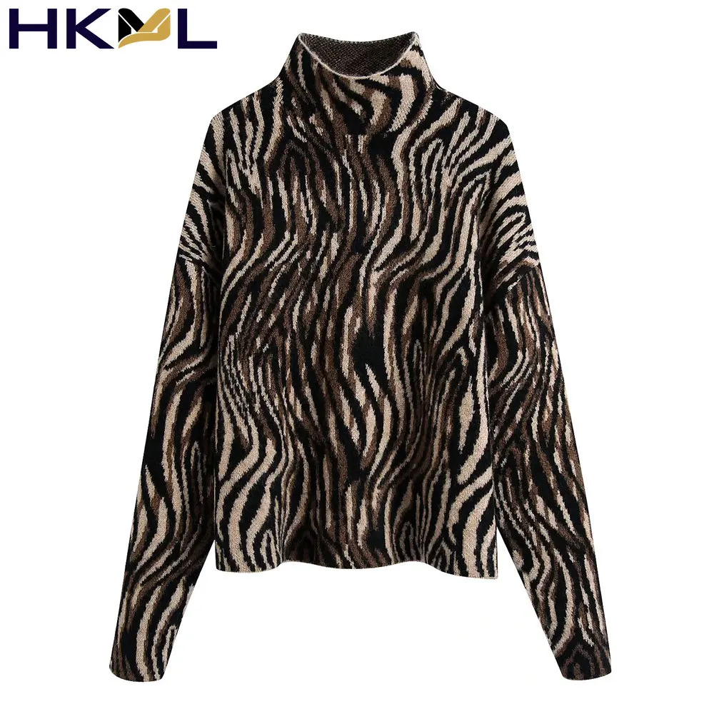 

Женские винтажные пуловеры с высоким воротником и длинным рукавом, шикарные топы, модный жаккардовый Свободный вязаный свитер с животным п...