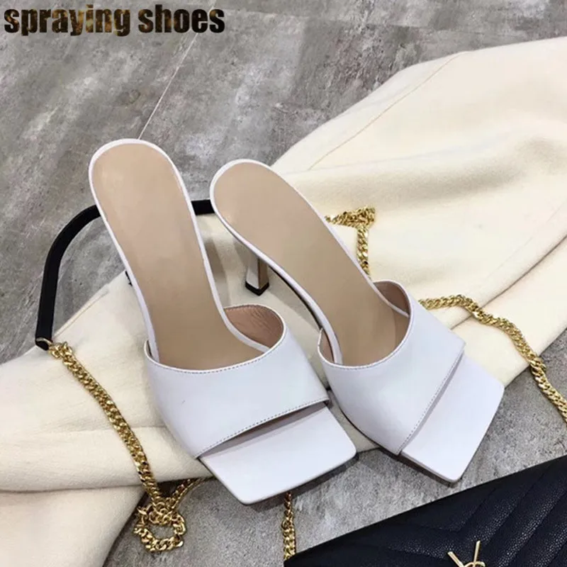 Genuine Leather Стильные женские шлепанцы с квадратным носком; Летние кожаные босоножки; пикантные шлепанцы на высоком каблуке; Женская обувь в римском стиле - Цвет: Genuine Leather