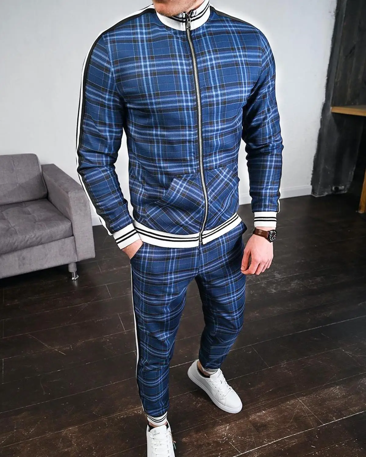 

New Fashion Jackets Men Tracksuit Sets Mens set Colorful Plaid Men Casual Zipper Set Autumn Tracksuit Set Male Sweatshirt Pocket