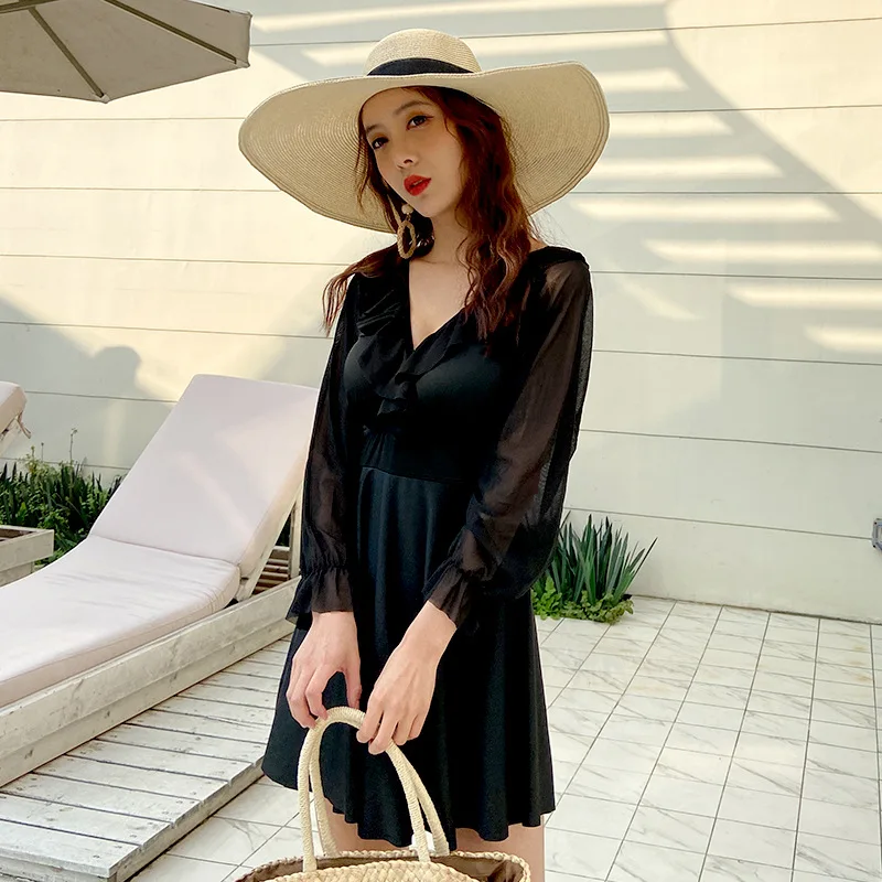 

2021 new swimsuit female one-piece cover belly slimming sexy small breasts gathered conservative hot spring swimsuit dress women