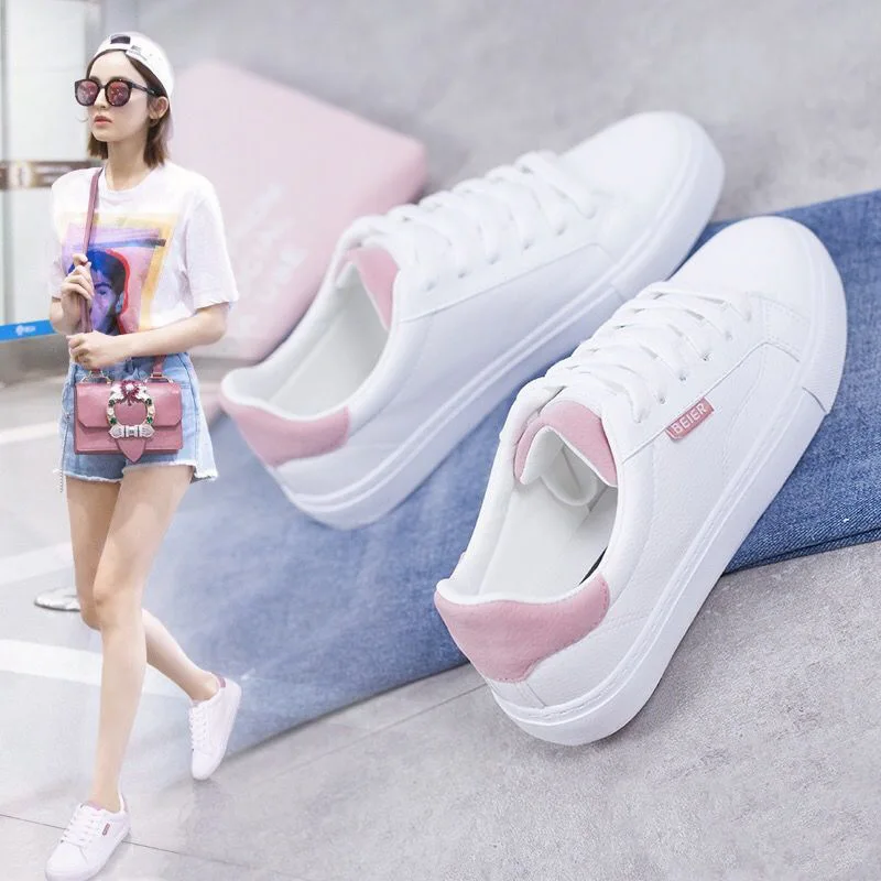 

New Korean version of the wild sports style flat bottom lace-up board shoes leather white shoes Little white shoes female autumn