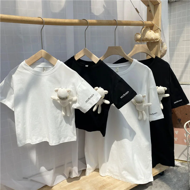 

Новинка лета 2021, семейные одинаковые наряды MILANCEL, футболка с медведем, однотонная одежда для мам и детей, корейский семейный образ