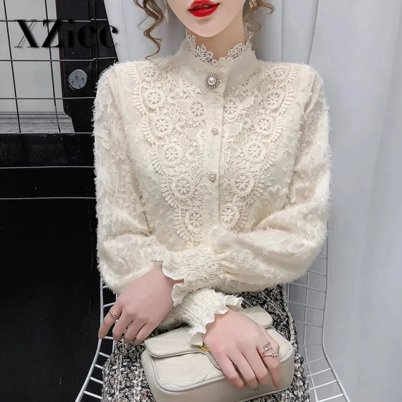 

2021 Fashion Tops Lace Elegant White Collared Designer Corset Shirt Womens Shirts Long Sleeve Sheer Blouse Crop Velvet Korean