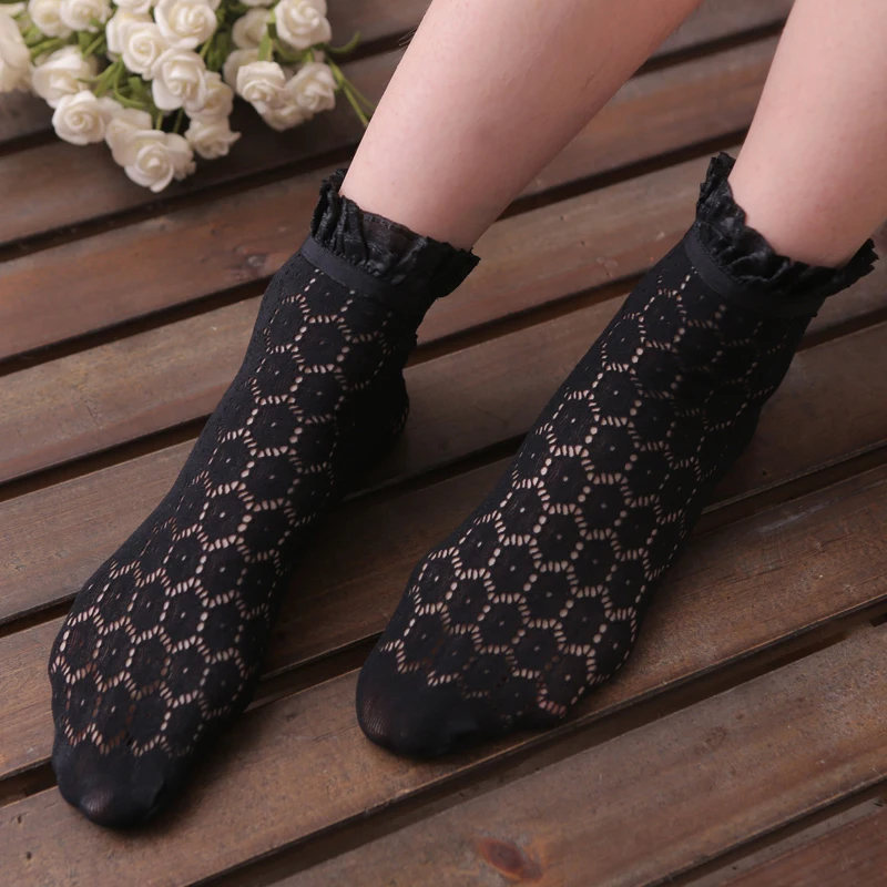 Модные сетчатые носки с цветами женские прозрачные тонкие короткие белые