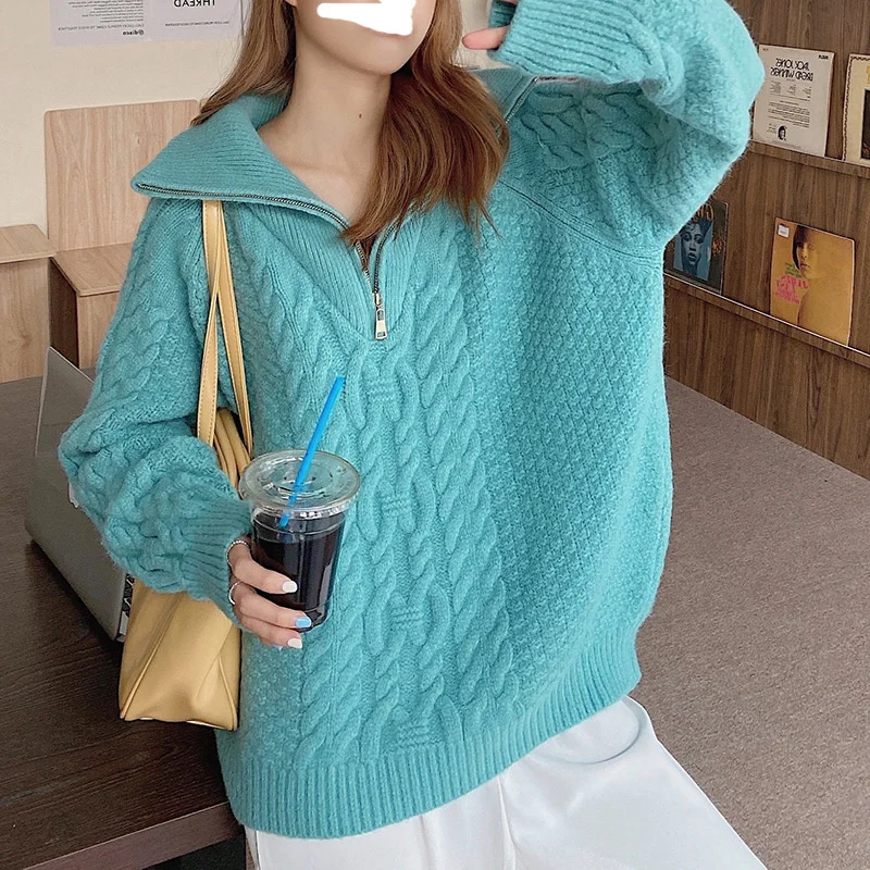 

knitted shirt Women's Twist zipper female temperament spring /autumn 2021 collar fashion knitting coat to wear western style
