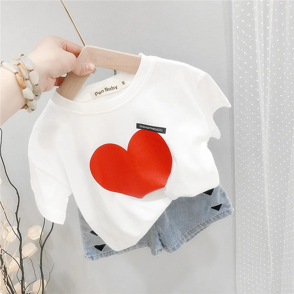 

2021 Summer New Kids Girls T Shirts Korean Casual Love Print Cute T-shirt for Girl Baby Cotton Short Sleeve Tees Kids Clothing