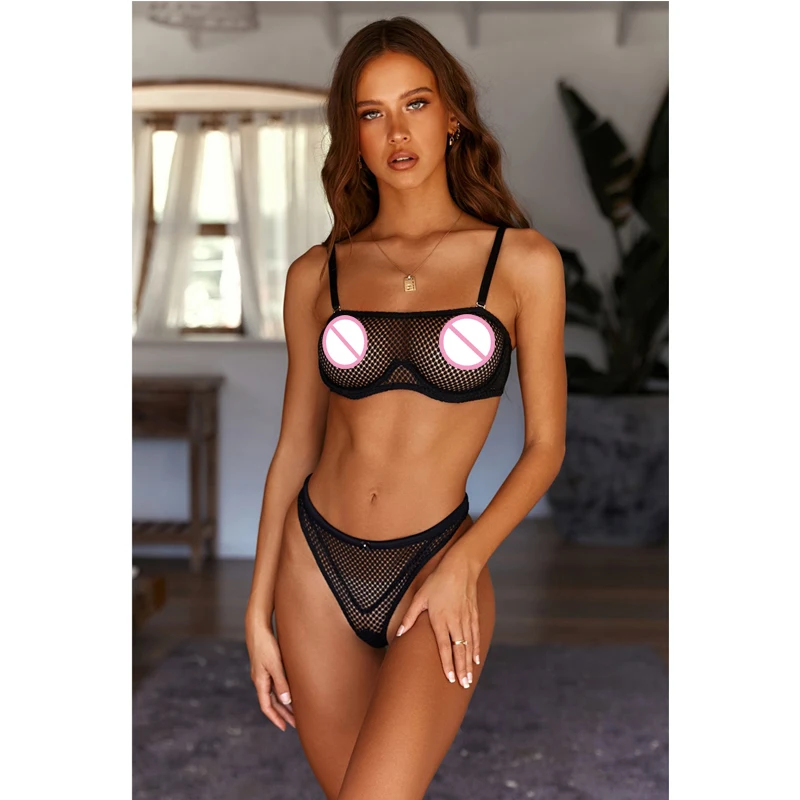 

Женское бикини, сетчатый бюстгальтер, комплект стрингов, прозрачная ажурная сетка, однотонное нижнее белье, ночная рубашка, одежда для сна, ...