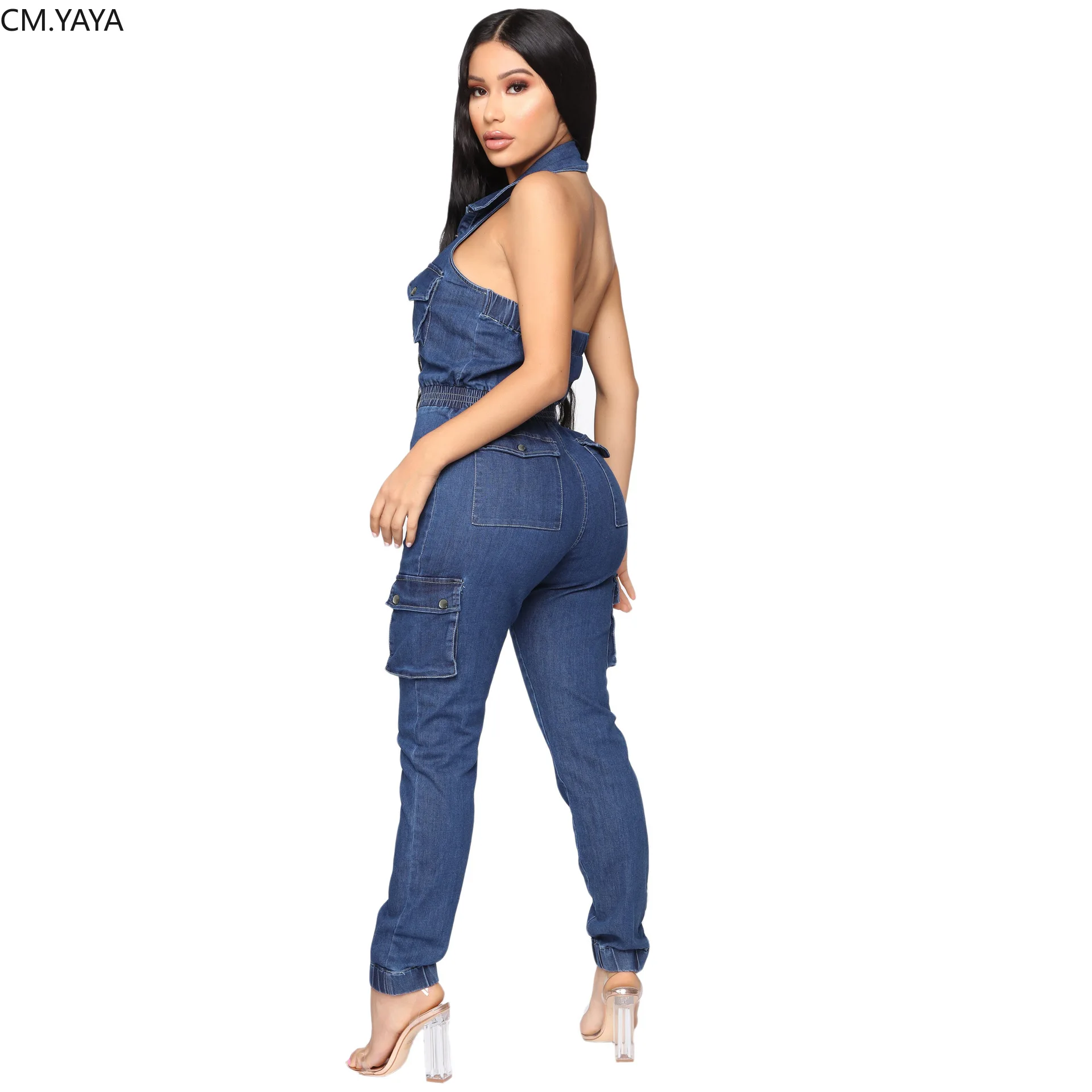 Женский джинсовый комбинезон на пуговицах без рукавов с открытой спиной Модный