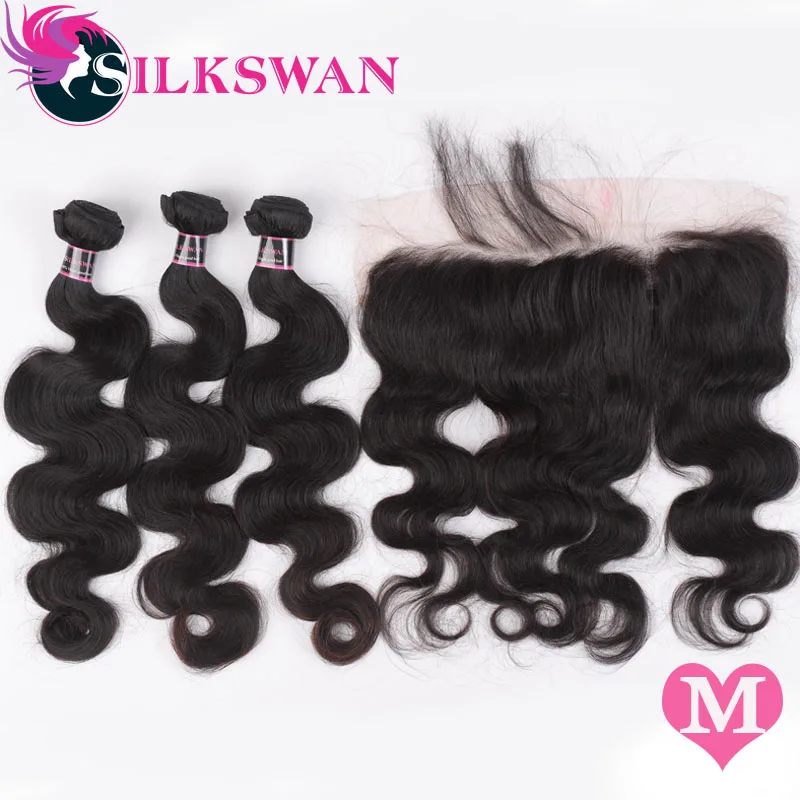 Silkswan бразильские волосы Remy человеческие волосы пряди с фронтальным закрытием уха до уха 8-24 дюйма объемная волна пучок