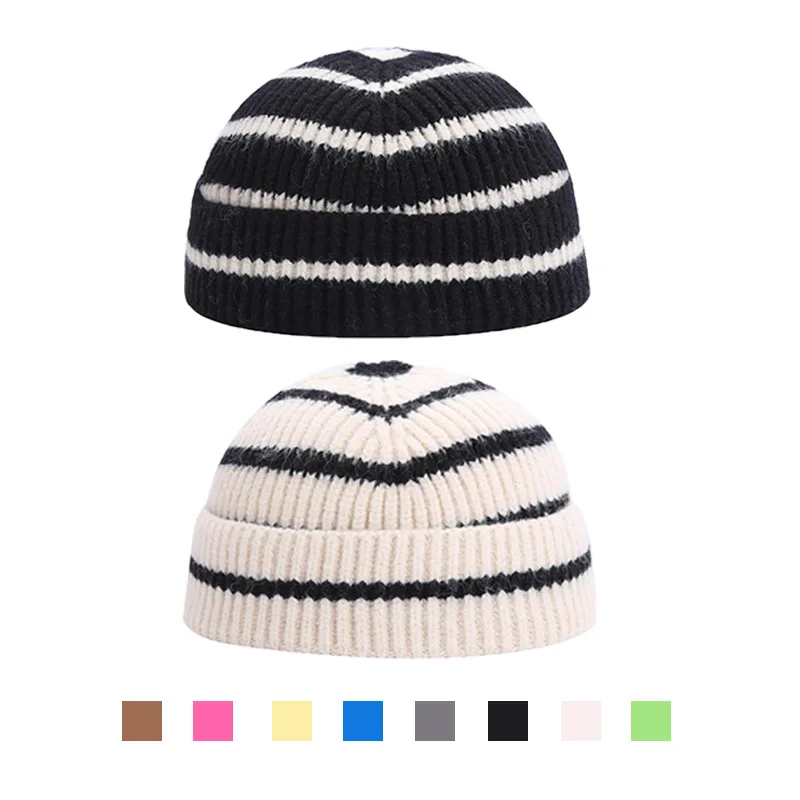 

шапка бини 2021 Knitted Autumn and Winter Head Hood Hat Beanie Unisex Short Striped Melon Fur Cap Warm Defense Cold Woolen Dome
