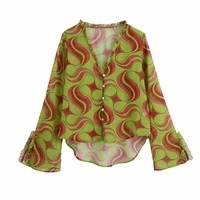 hot sale women geometric printing chiffon shirt female split flare sleeve blouse casual lady loose tops blusas s9168