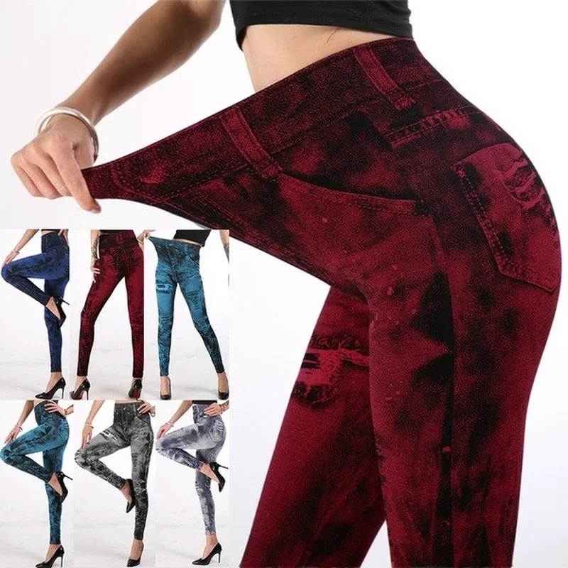 

Women's Elastic Cropped Trousers Women's Leggings Fitness Yoga Pants New Imitation Denim Leggings High Quality
