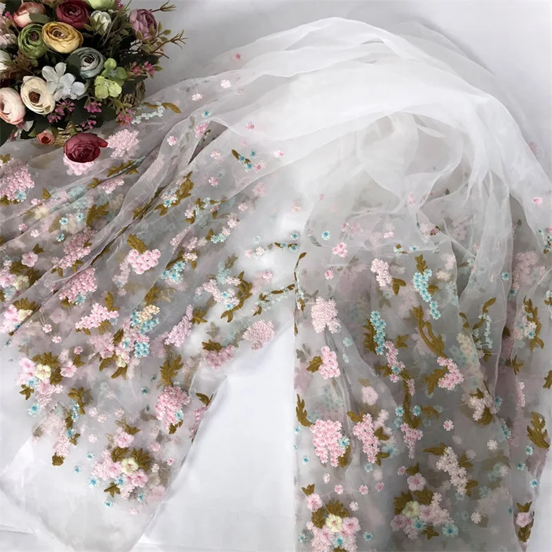 

Embriodered Pink Flower Lace Fabric For Diy Sewing Cloth Wedding Dress Material Veil Accessories 1 yard