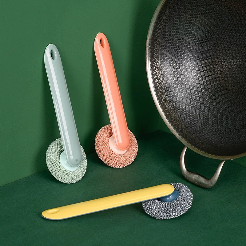 

Kitchen long-handled pot washing brush and dishwashing cleaning brush household stainless steel wire ball dishwashing pot brush