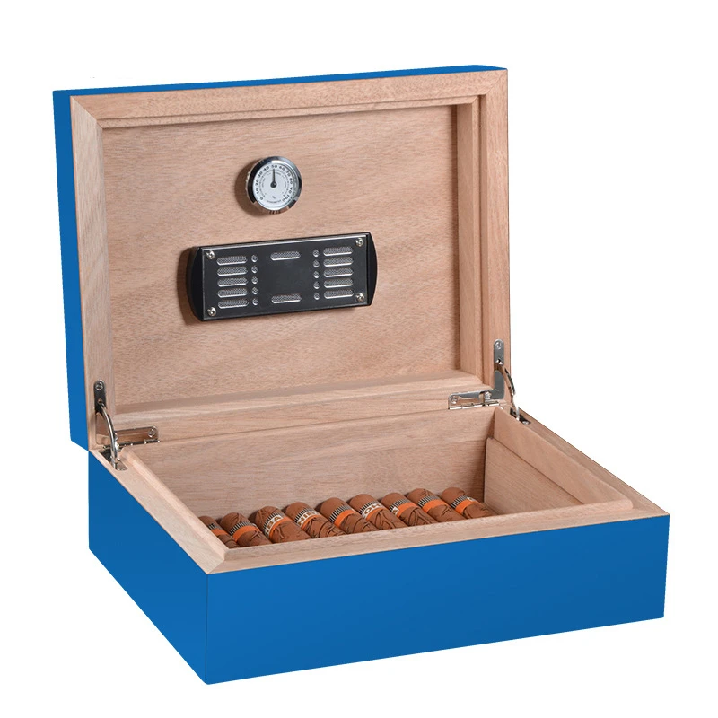 

Blue Glossy Piano Finish Cigar Box Smoking Accessories Cigar Gift Set for Cuban Cigar Large Capacity Cedar Wood Cigar Humidor