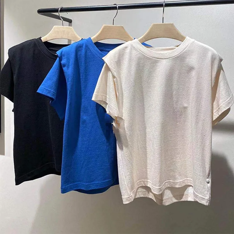 

2021 New Style In Spring and Summer Fashion Shoulder Pad Thickening Versatile Classic Cotton Loose Short Sleeve T-shirt Women I1