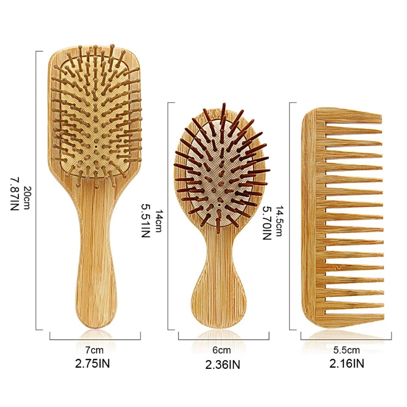 

Q1QD 3Pcs Bamboo Hair Brush Combs Set for Women Men Kids Wet Dry Long Short Hairs